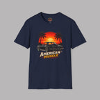Navy blue t-shirt with 'American Muscle' graphic design on a gray background