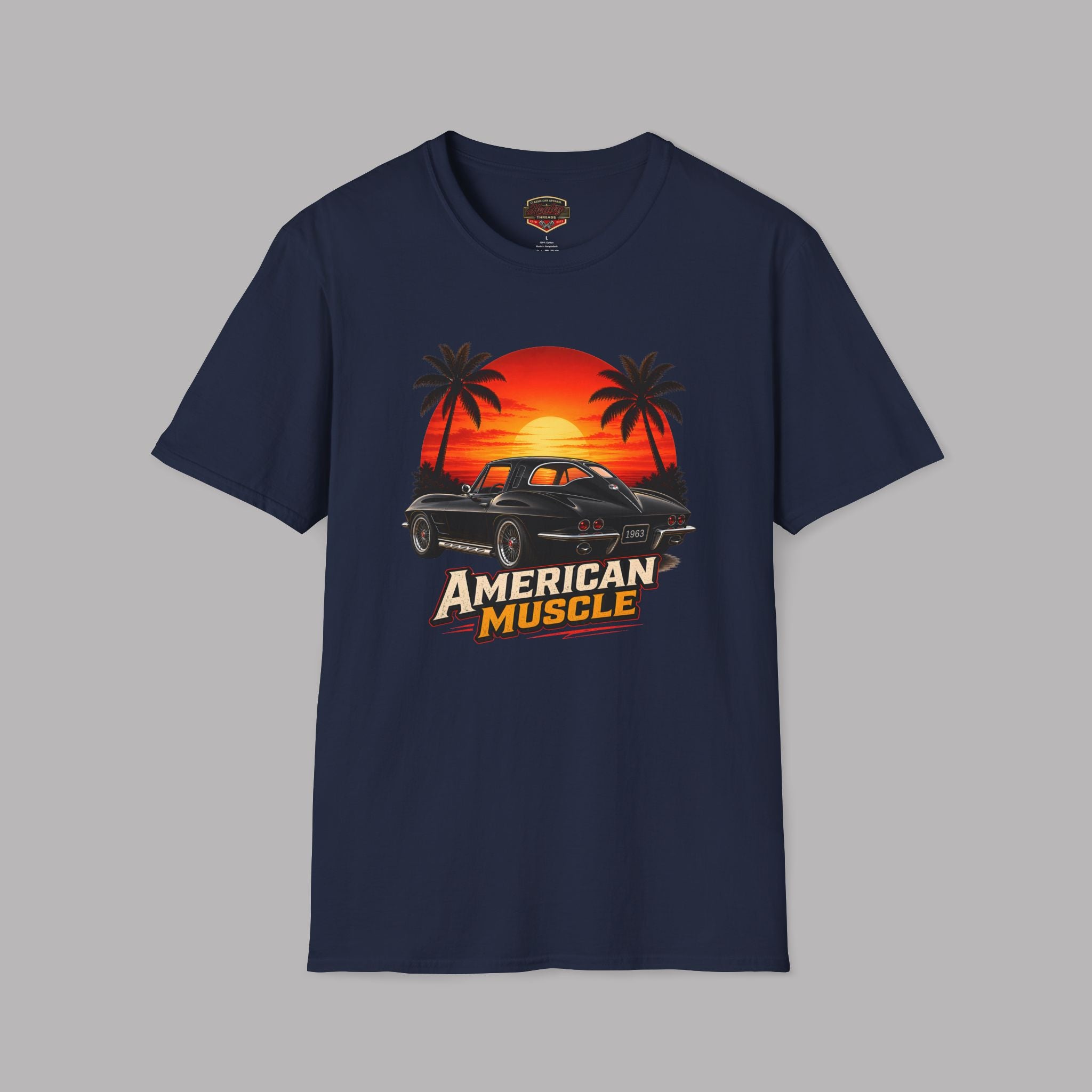 Navy blue t-shirt with 'American Muscle' graphic design on a gray background