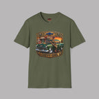 An military green short-sleeve t-shirt with a vintage-style graphic on the chest featuring a green 1955 Chevy truck and the text 'CHEVY GIRL' with the Chevrolet bowtie logo.