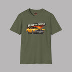 Military green t-shirt with a graphic of a car and 'Built to be Driven' text on a gray background