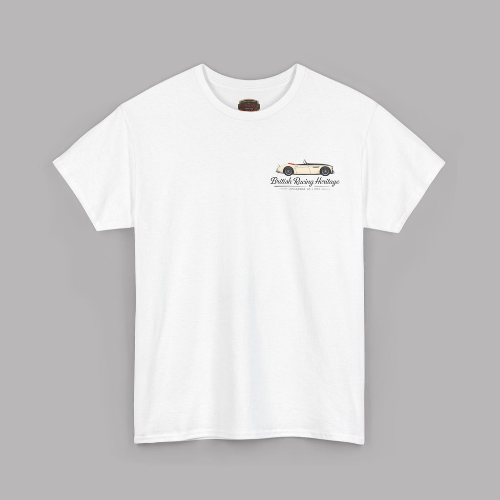 Front of a white t-shirt with a Healey classic car graphic design on a gray background