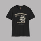 Black t-shirt with classical supercharged engine design and text on a gray background