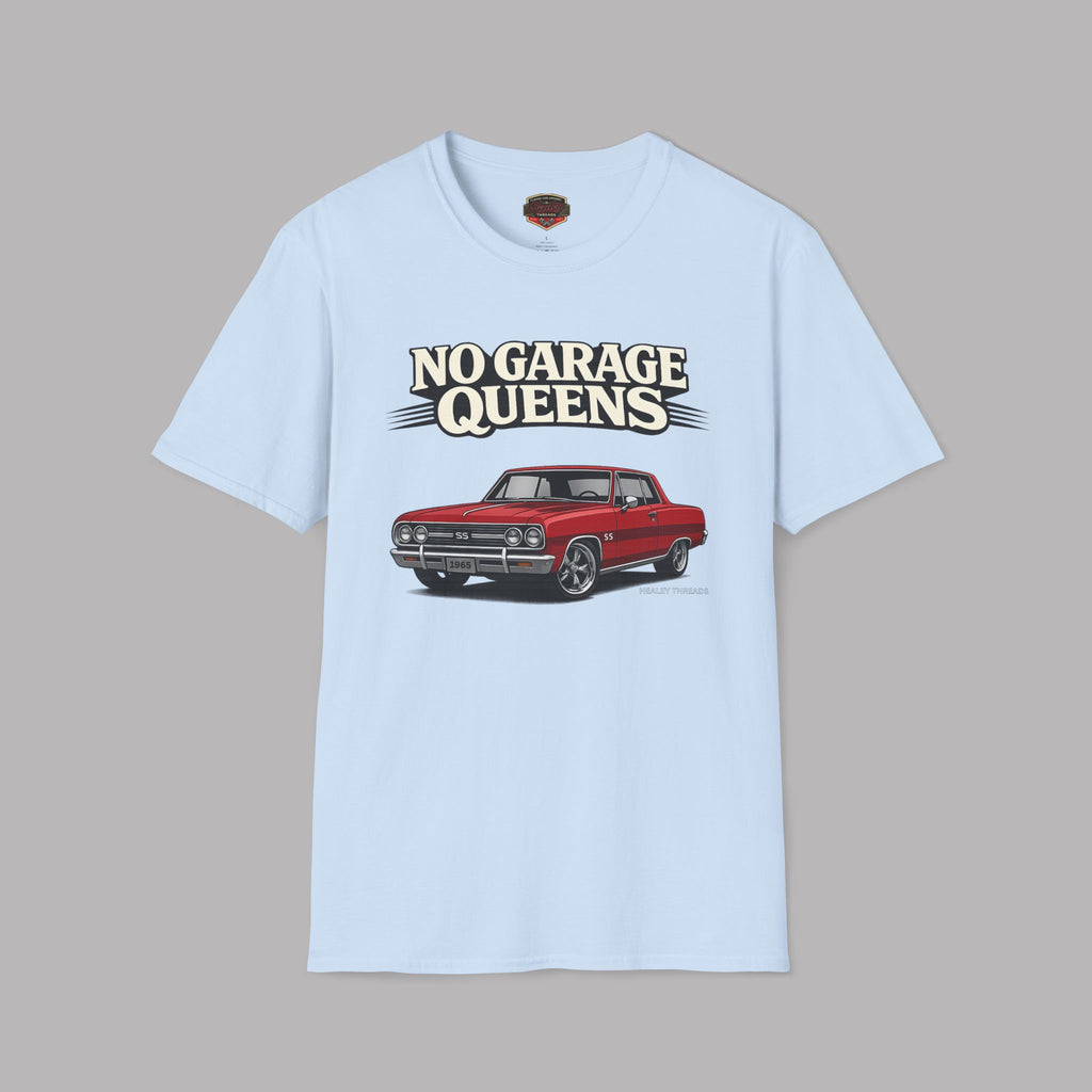 Light blue t-shirt with a graphic of a red car and 'No Garage Queens' text on a gray background