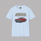 Light blue t-shirt with a graphic of a red car and 'No Garage Queens' text on a gray background