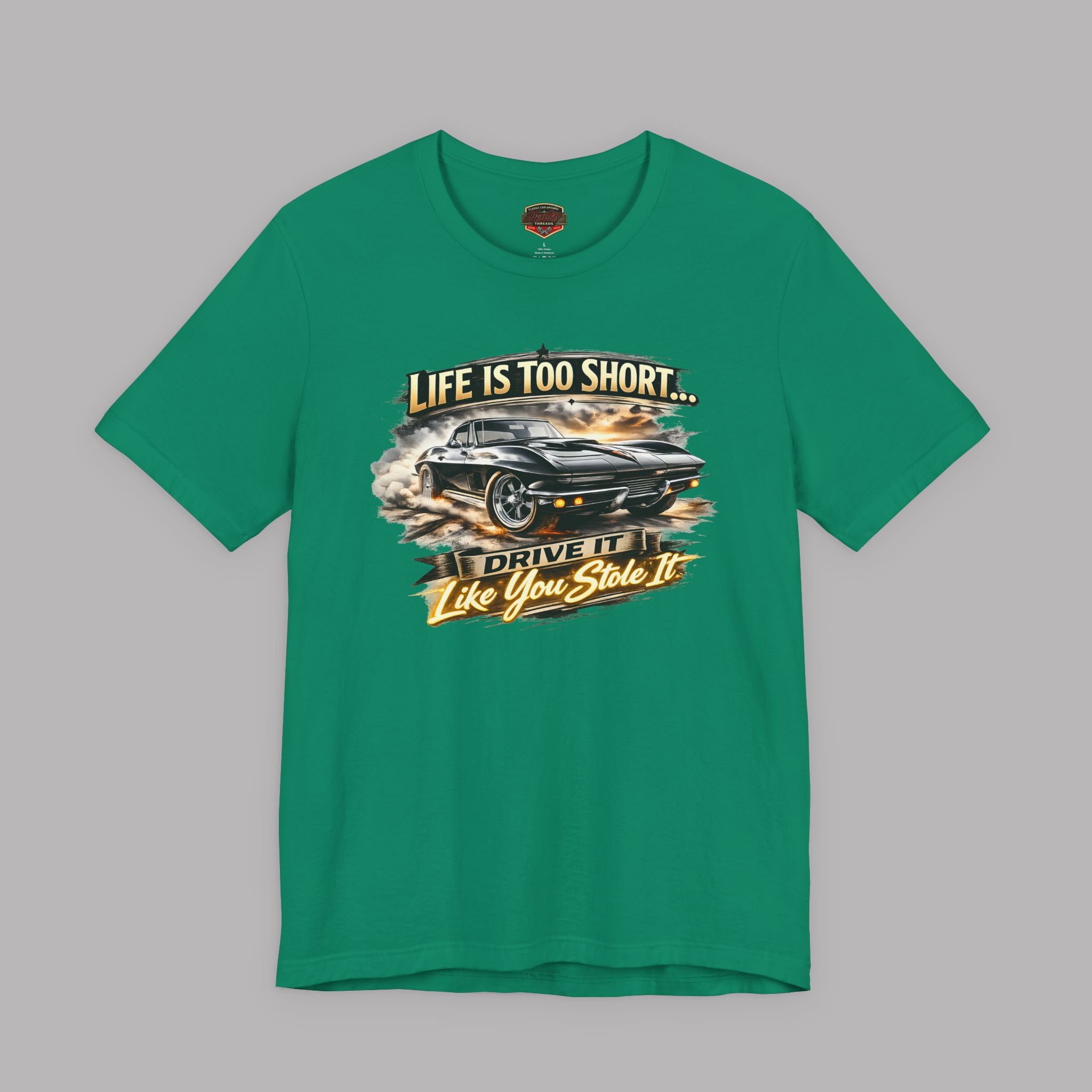 Kelly green t-shirt with a classic car graphic design and text on a gray background
