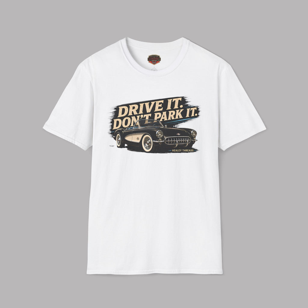 White t-shirt with a vintage graphic car design and text on a gray background
