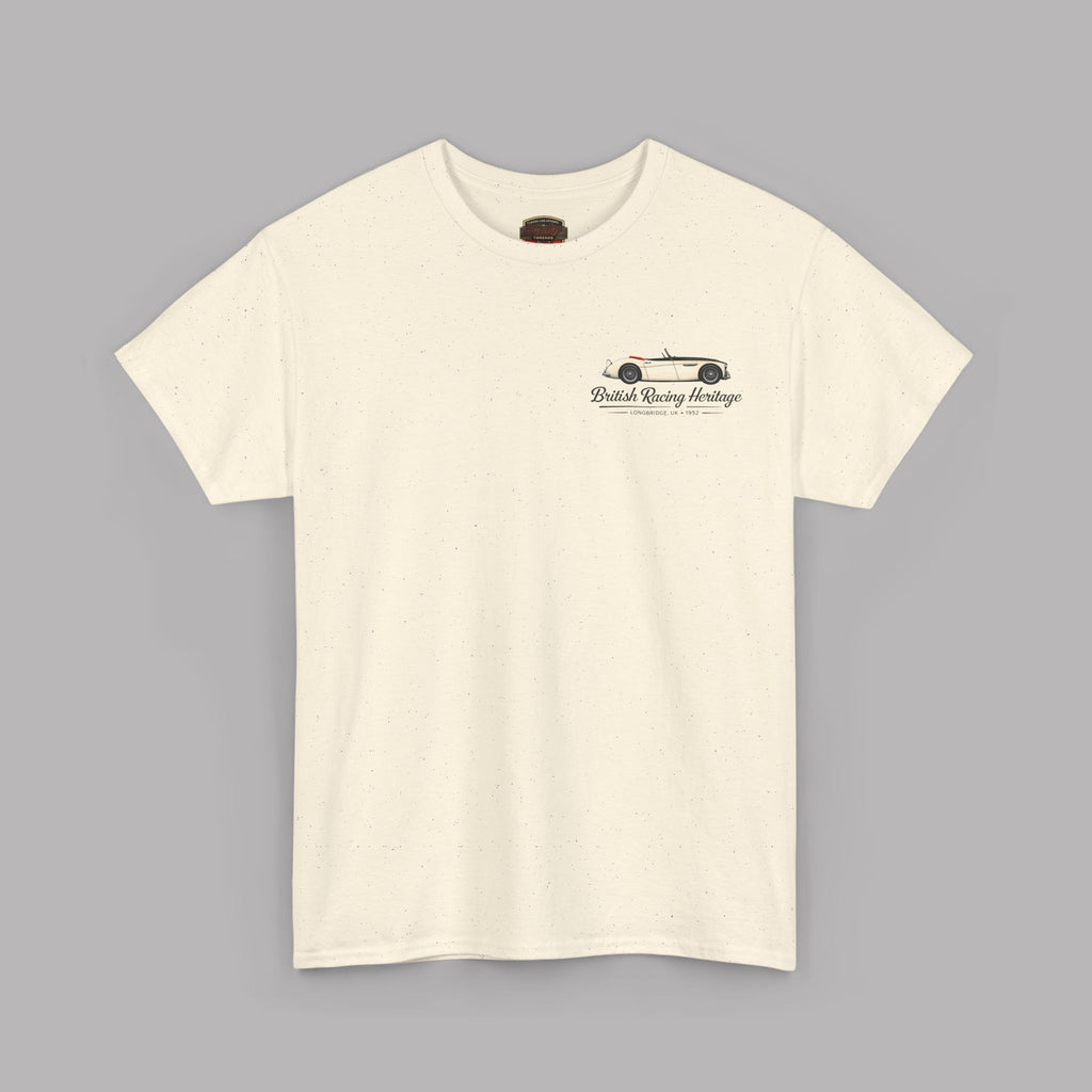 Front of a natural t-shirt with a Healey classic car graphic design on a gray background