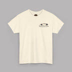 Front of a natural t-shirt with a Healey classic car graphic design on a gray background