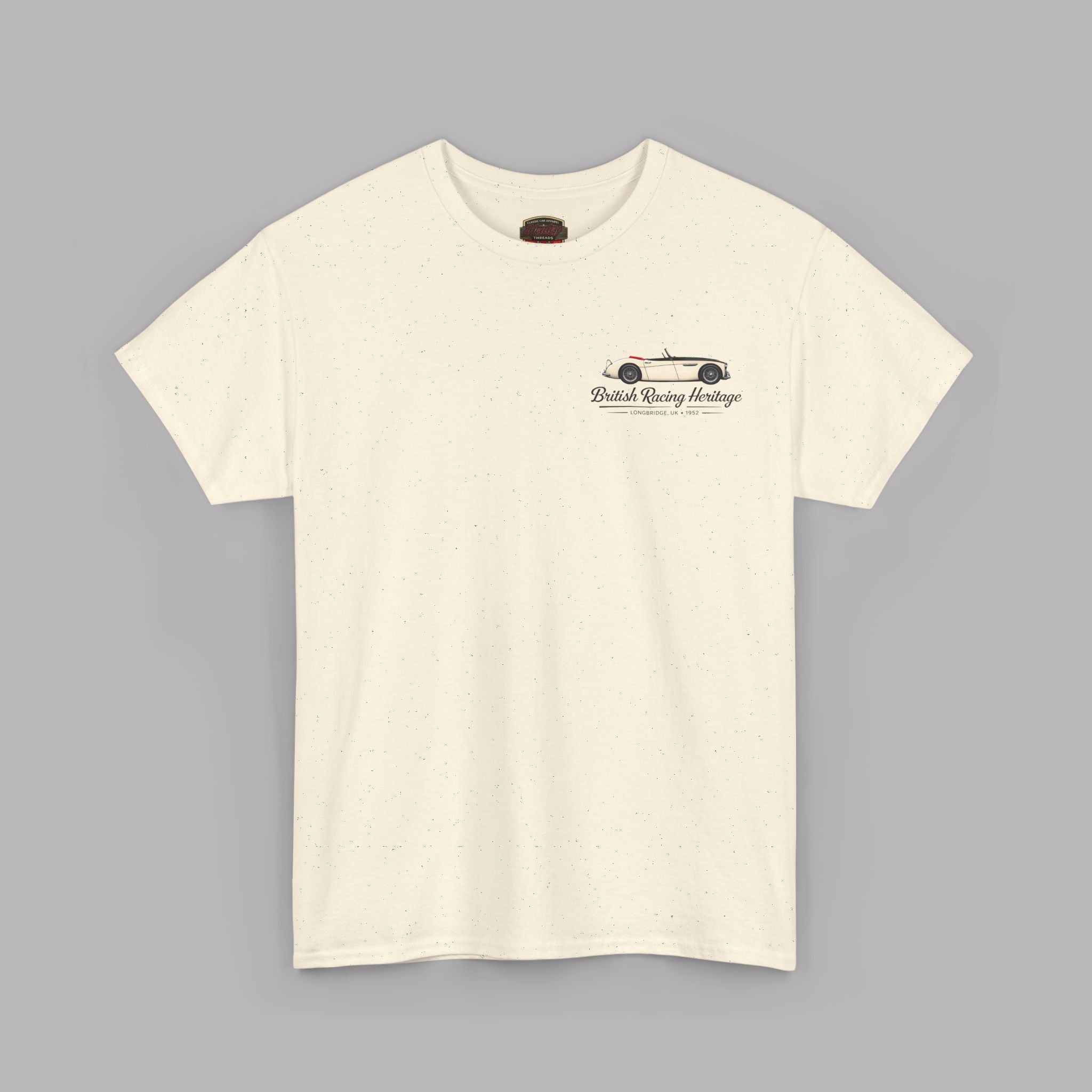 Front of a natural t-shirt with a Healey classic car graphic design on a gray background