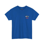 Blue t-shirt with a small Healey graphic on the chest against a white background
