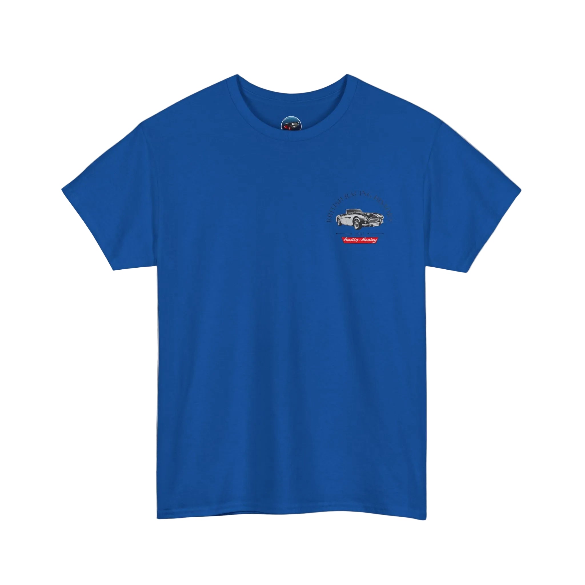 Blue t-shirt with a small Healey graphic on the chest against a white background