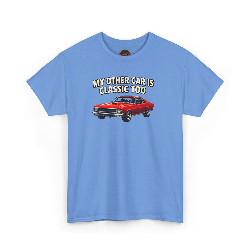 Blue t-shirt with a graphic of a red car and text 'My other car is classic too' on a white background