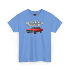 Blue t-shirt with a graphic of a red car and text 'My other car is classic too' on a white background