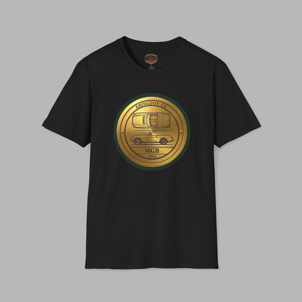 Black t-shirt with a gold and green classic car emblem on a gray background