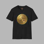 Black t-shirt with a gold and green classic car emblem on a gray background