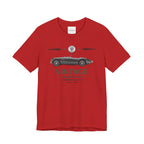 Red t-shirt with vintage car graphic on a white background
