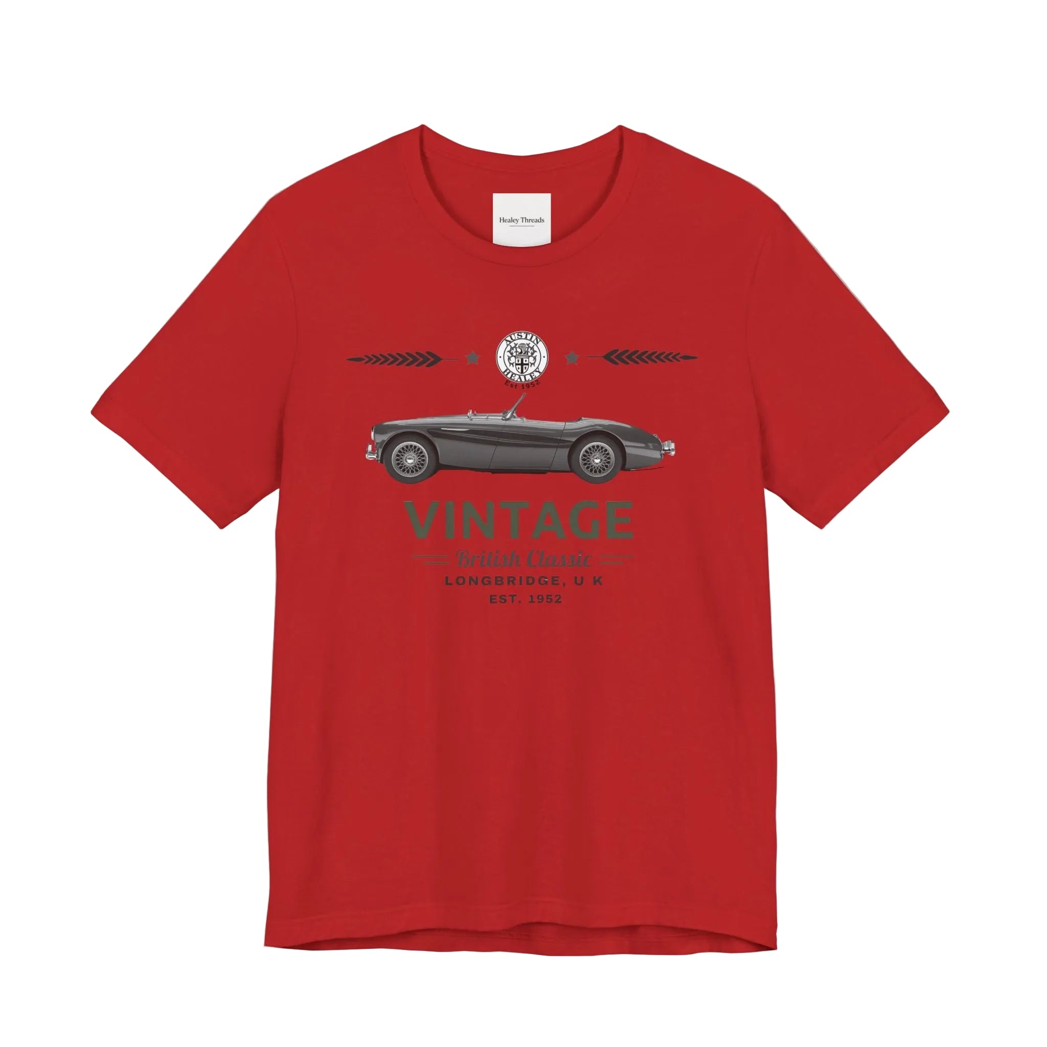 Red t-shirt with vintage car graphic on a white background