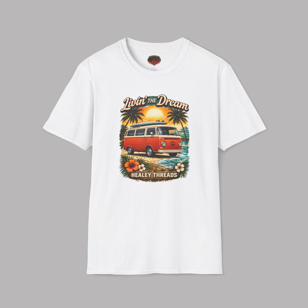 White t-shirt with a graphic of a van and sunset on a gray background