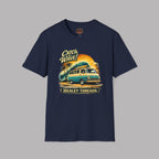 Navy blue t-shirt with a graphic design of a Mopar van and text 'Catch Wave! Healey Threads' on a gray background