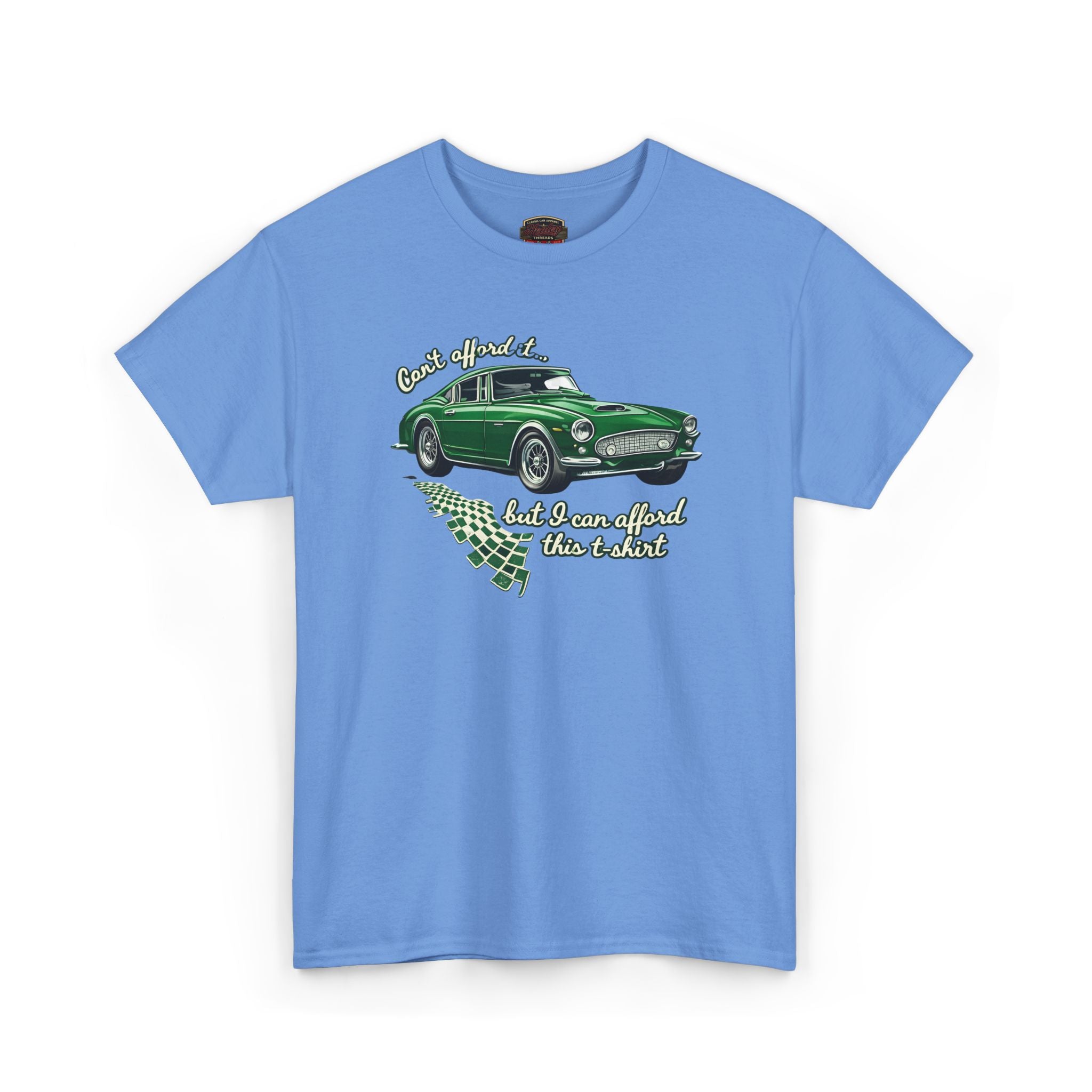 Blue t-shirt with a green classic car graphic and text on a white background