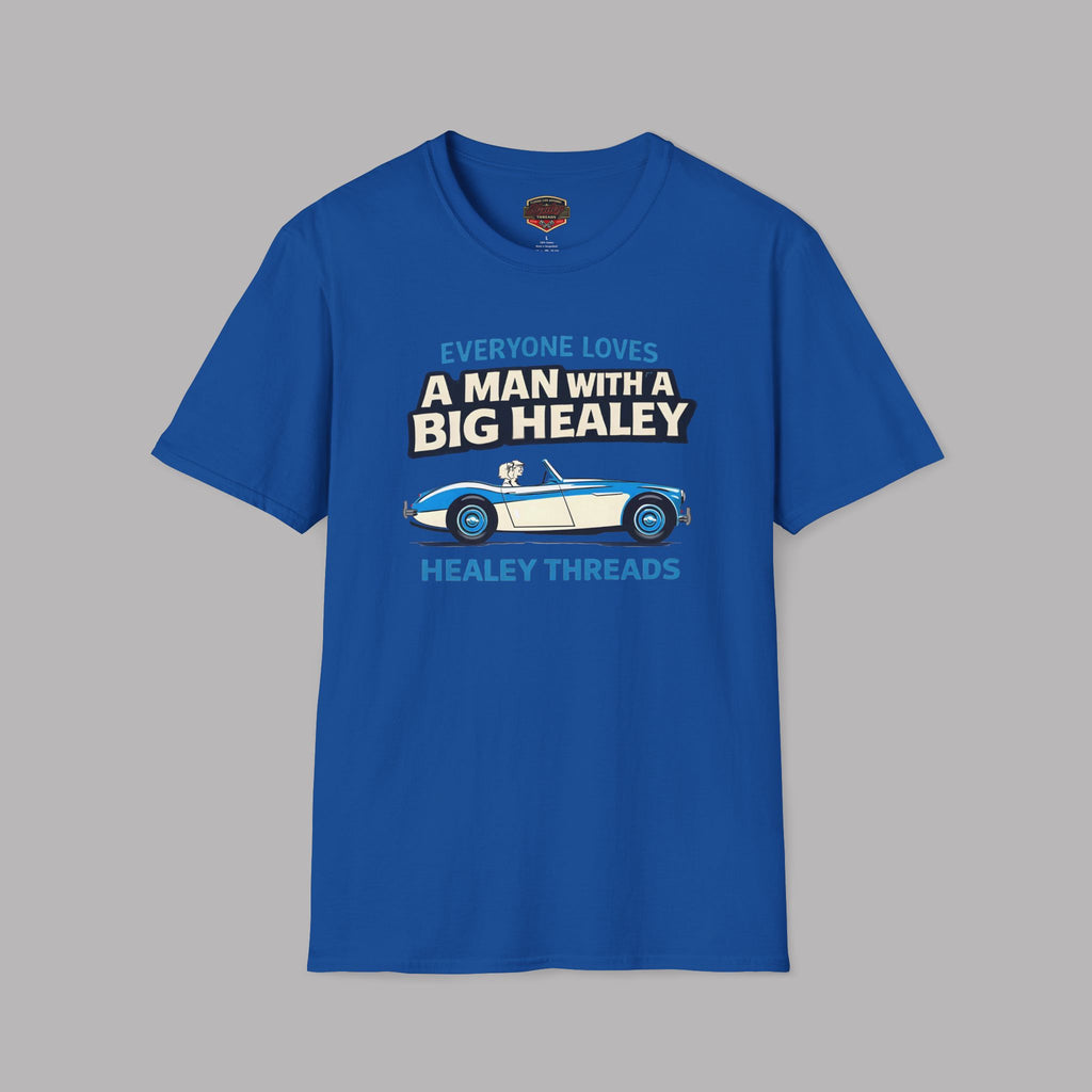 Royal blue t-shirt with Healey car graphic and text on a gray background