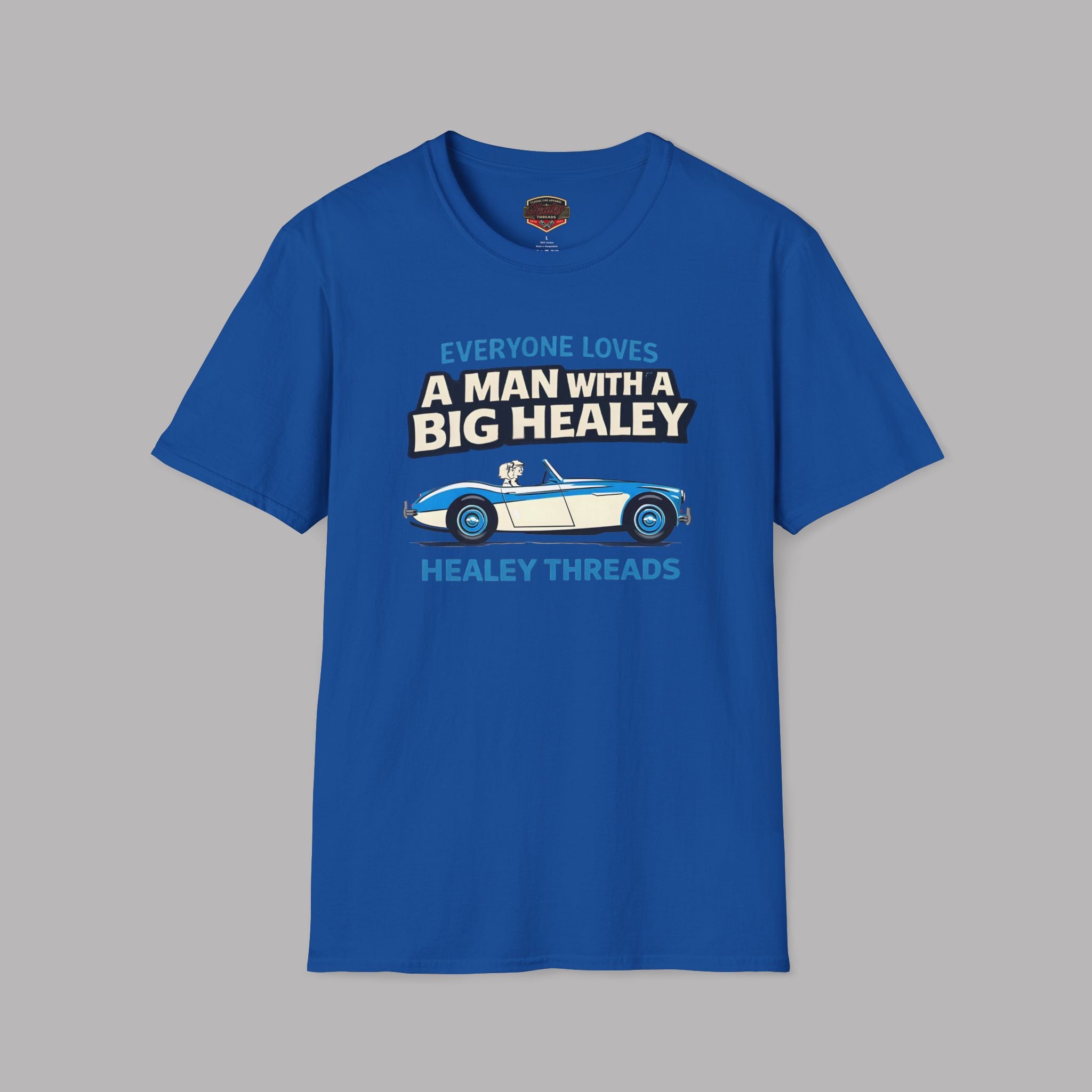 Royal blue t-shirt with Healey car graphic and text on a gray background