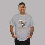 Man wearing a gray t-shirt with a motorcycle graphic and text on a gray background