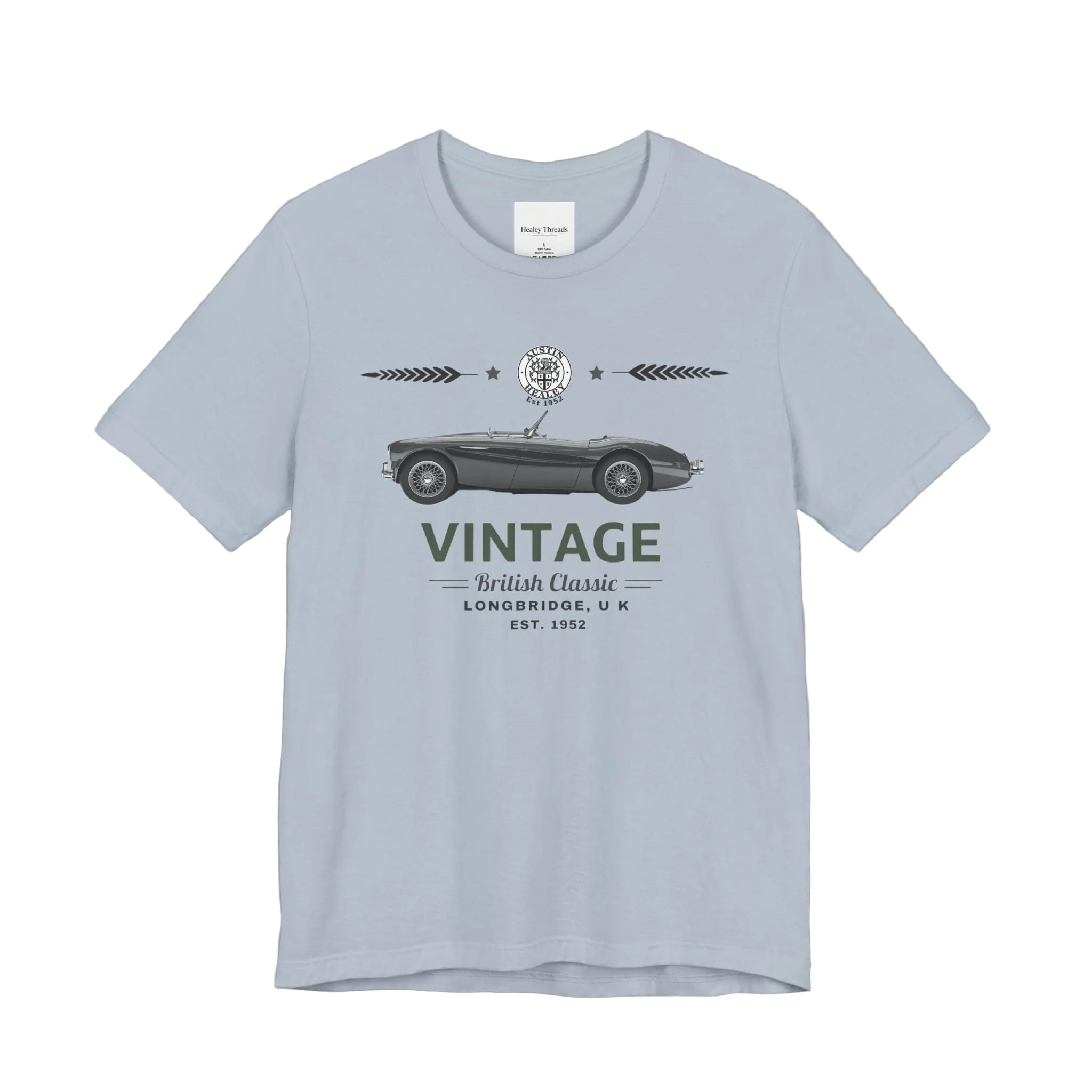 Light blue t-shirt with vintage car graphic and text on a white background
