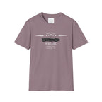 Mauve t-shirt with vintage car graphic and text on a white background