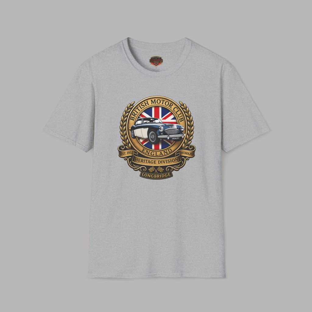 Sport gray t-shirt with a British Motor Corporation logo on a gray background