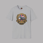 Sport gray t-shirt with a British Motor Corporation logo on a gray background