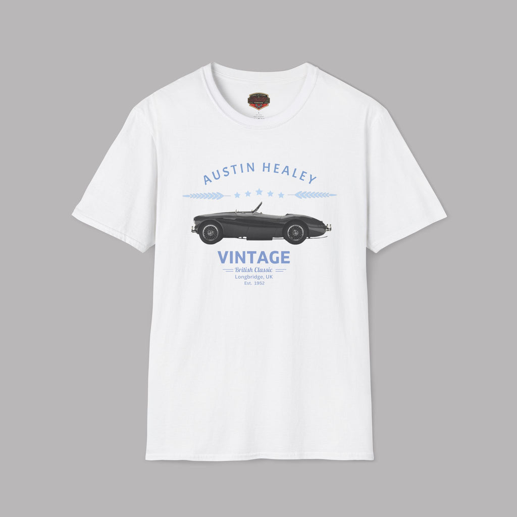 White t-shirt with Austin Healey vintage car design on a gray background