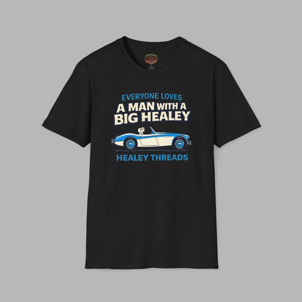 Black t-shirt with a graphic and text on a gray background