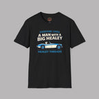 Black t-shirt with a graphic and text on a gray background