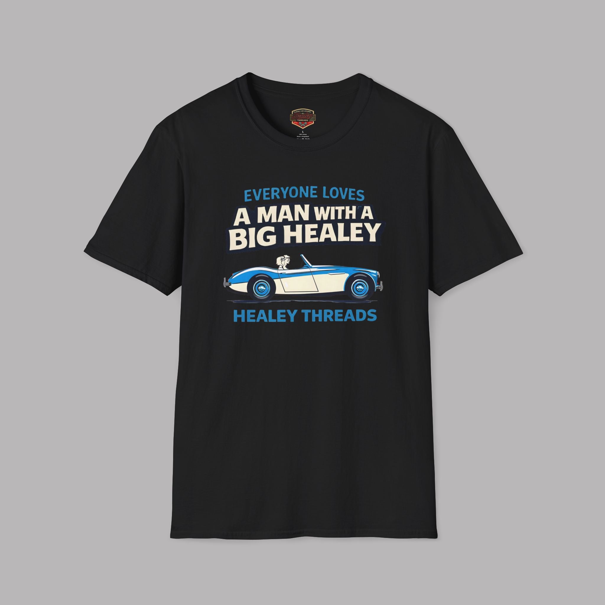 Black t-shirt with a graphic and text on a gray background