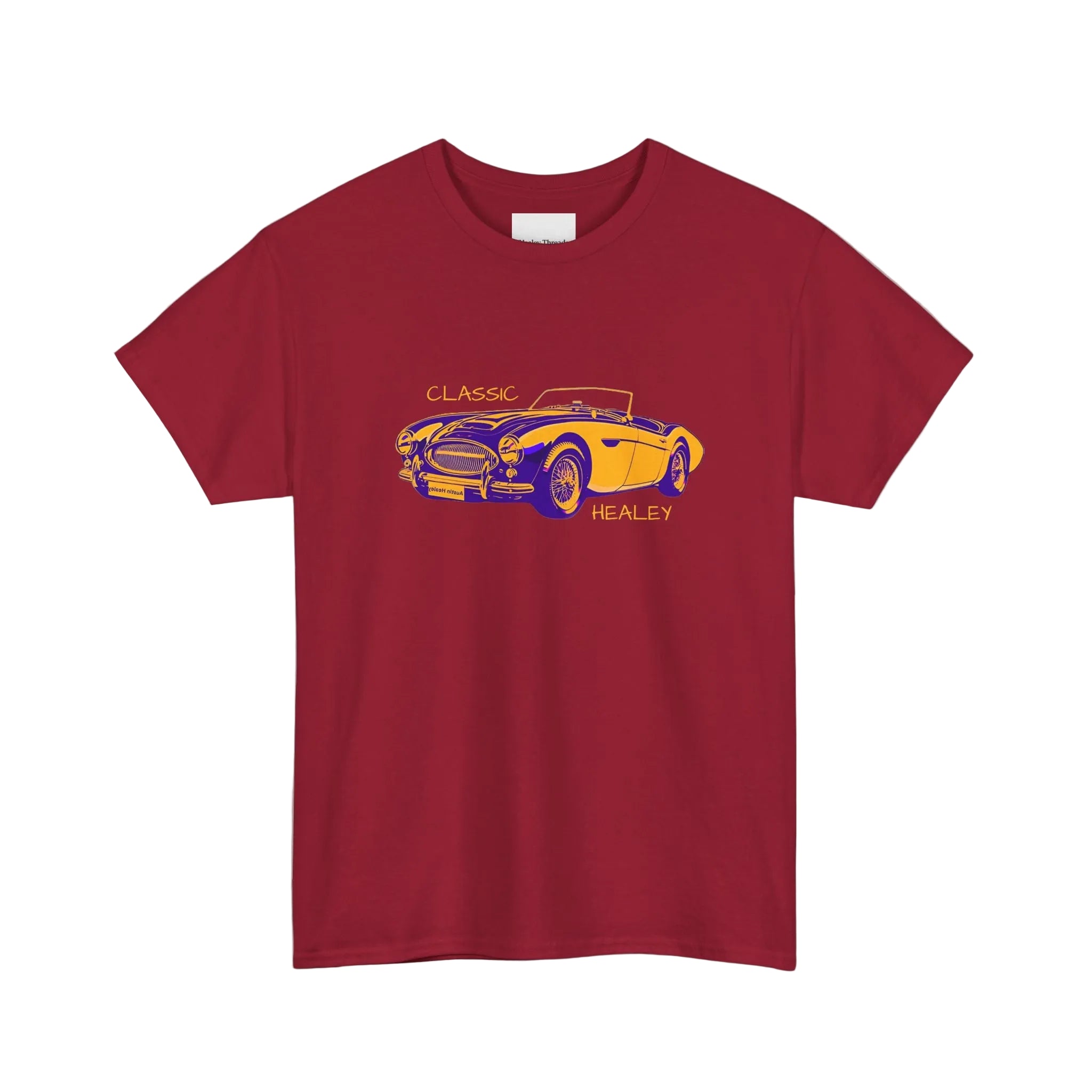 Red t-shirt with a classic car graphic on a white background