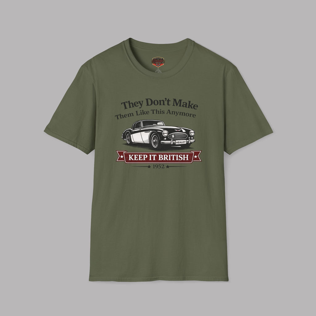 Military green t-shirt with a graphic of a classic car and text on a gray background