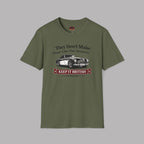 Military green t-shirt with a graphic of a classic car and text on a gray background