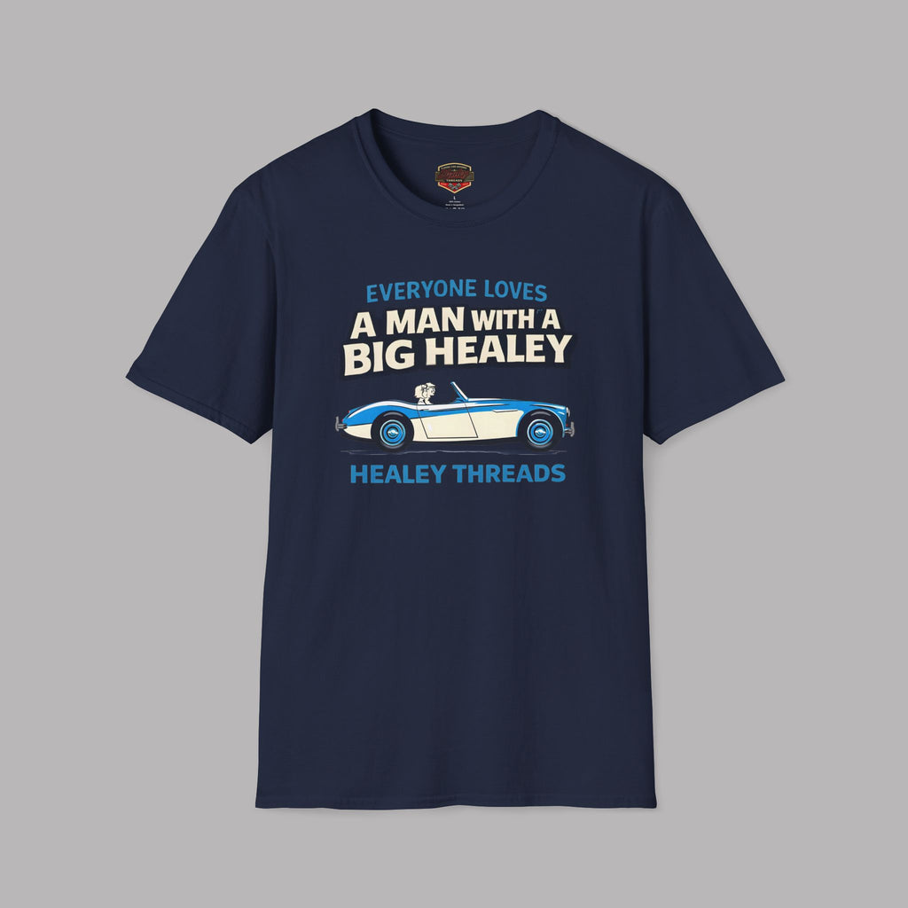 Navy blue t-shirt with a Healey car graphic and text on a gray background