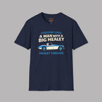 Navy blue t-shirt with a Healey car graphic and text on a gray background