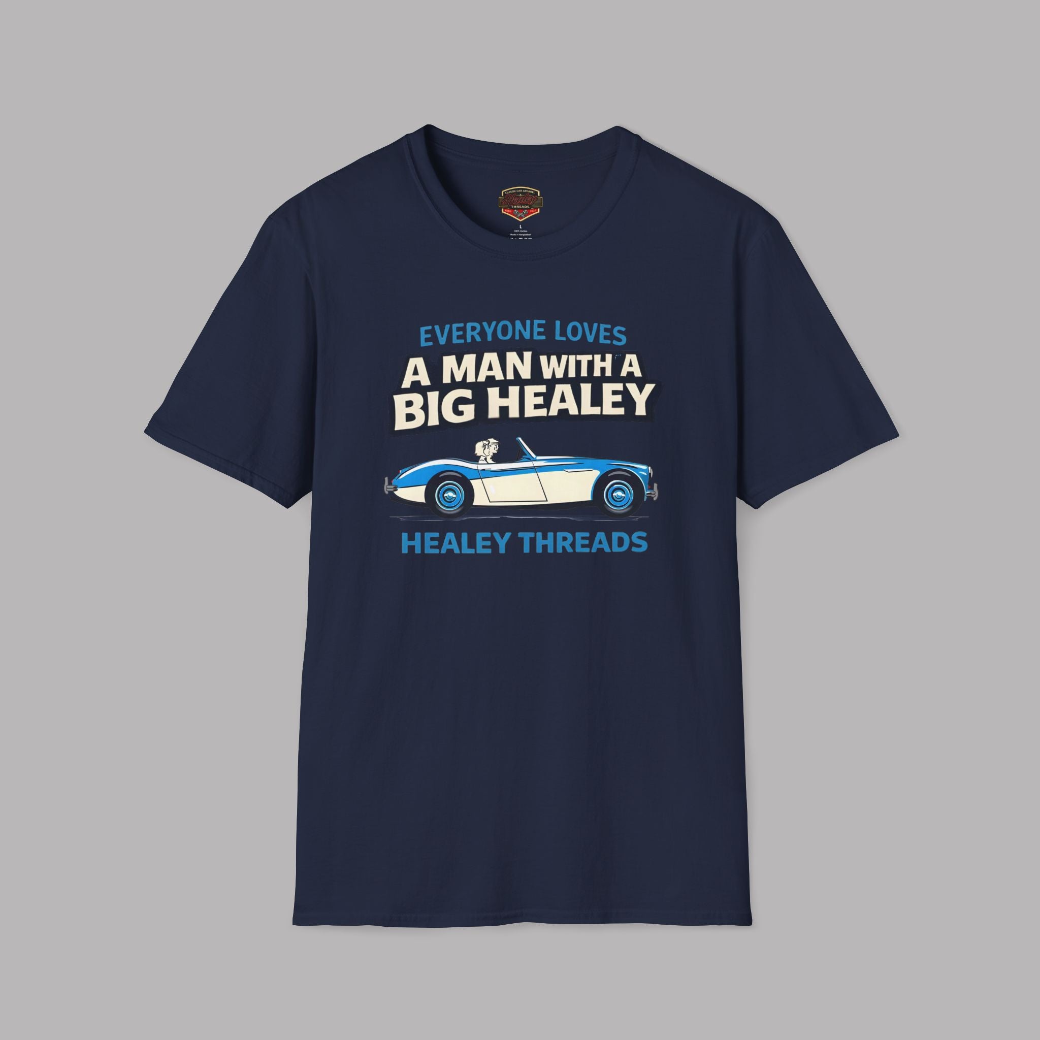 Navy blue t-shirt with a Healey car graphic and text on a gray background