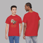 Two people wearing red t-shirts with a graphic motorcycle design on a gray background