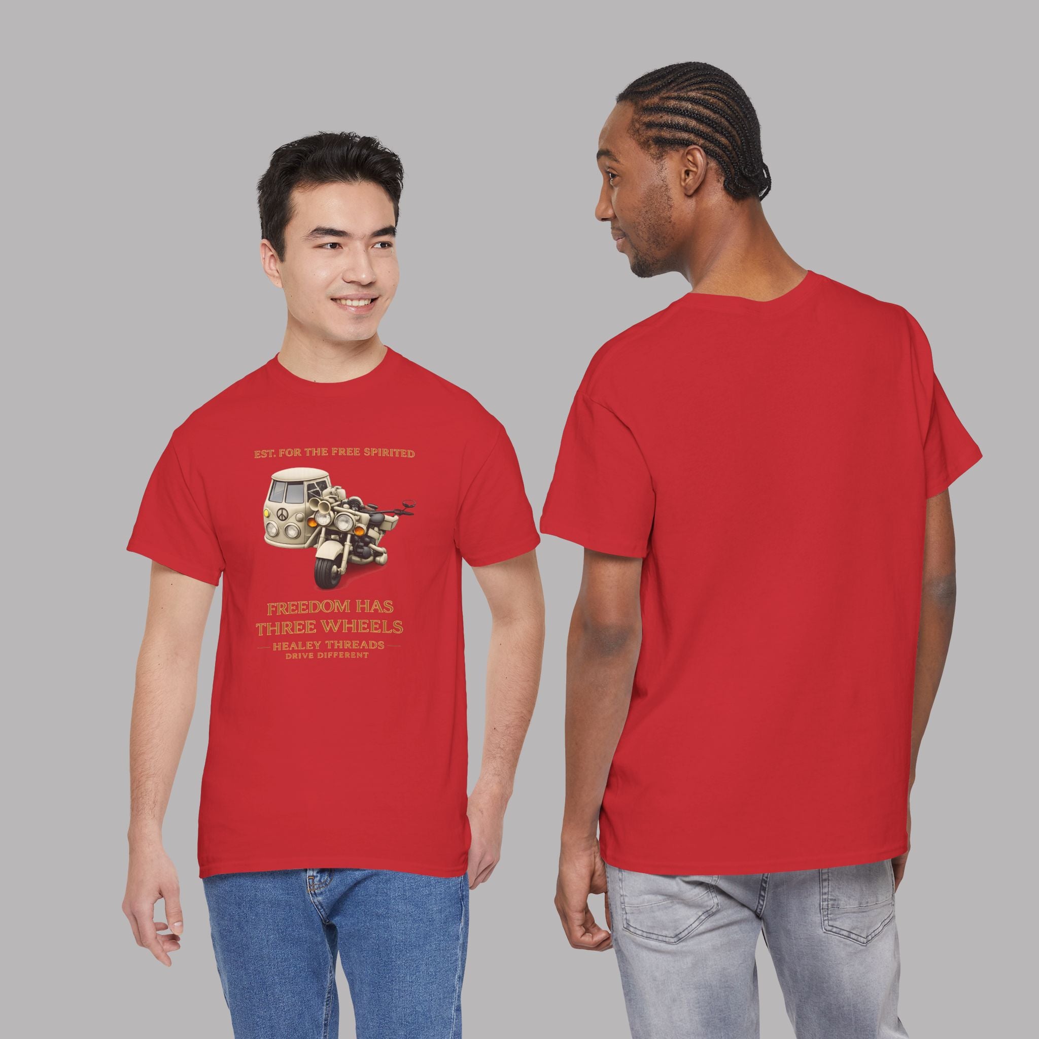 Two people wearing red t-shirts with a graphic motorcycle design on a gray background
