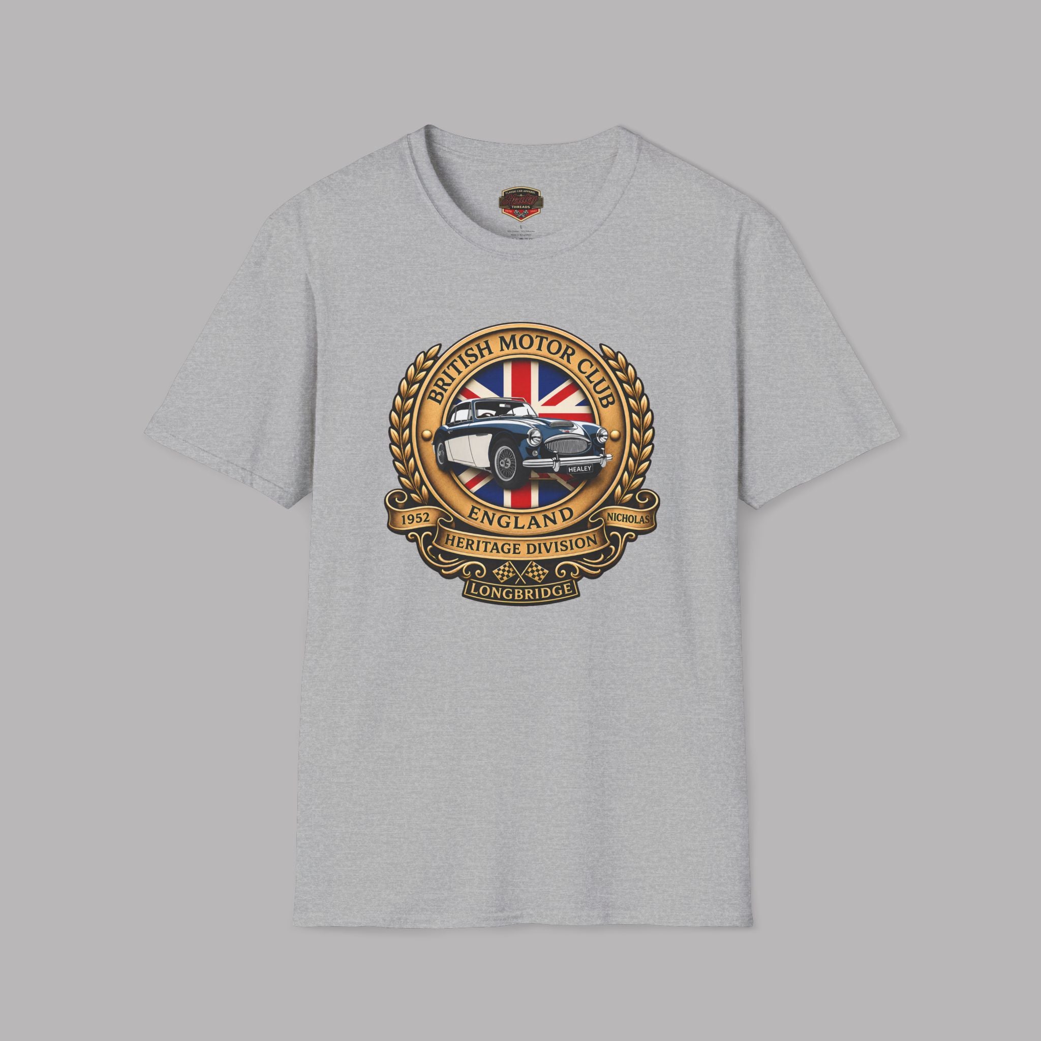 Sport gray t-shirt with a British Motor Club logo on a gray background