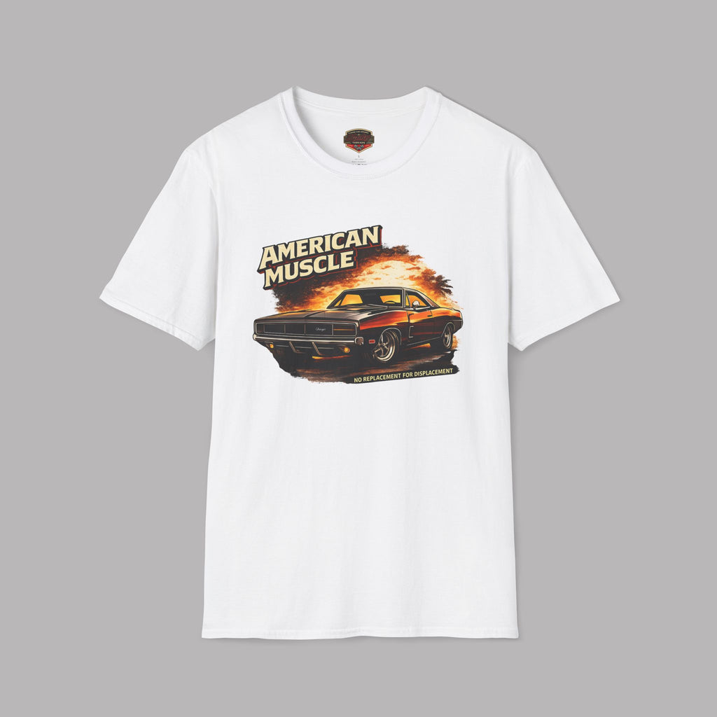 White t-shirt with 'American Muscle' graphic design featuring a car on a gray background