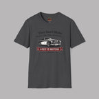 Dark gray t-shirt with a graphic design on a gray background