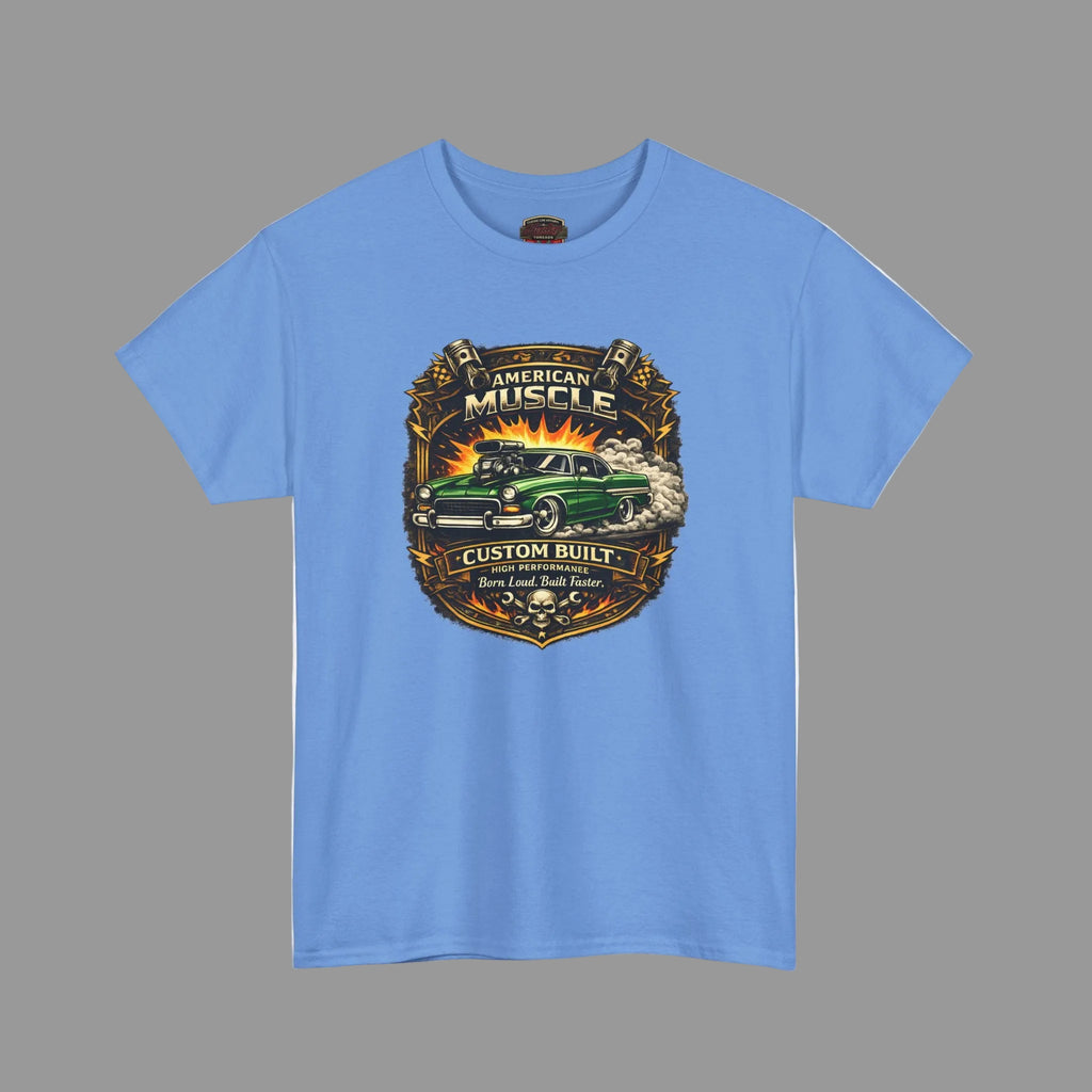 Carolina blue t-shirt with 'American Muscle' car graphic design on a gray background