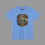 Carolina blue t-shirt with 'American Muscle' car graphic design on a gray background