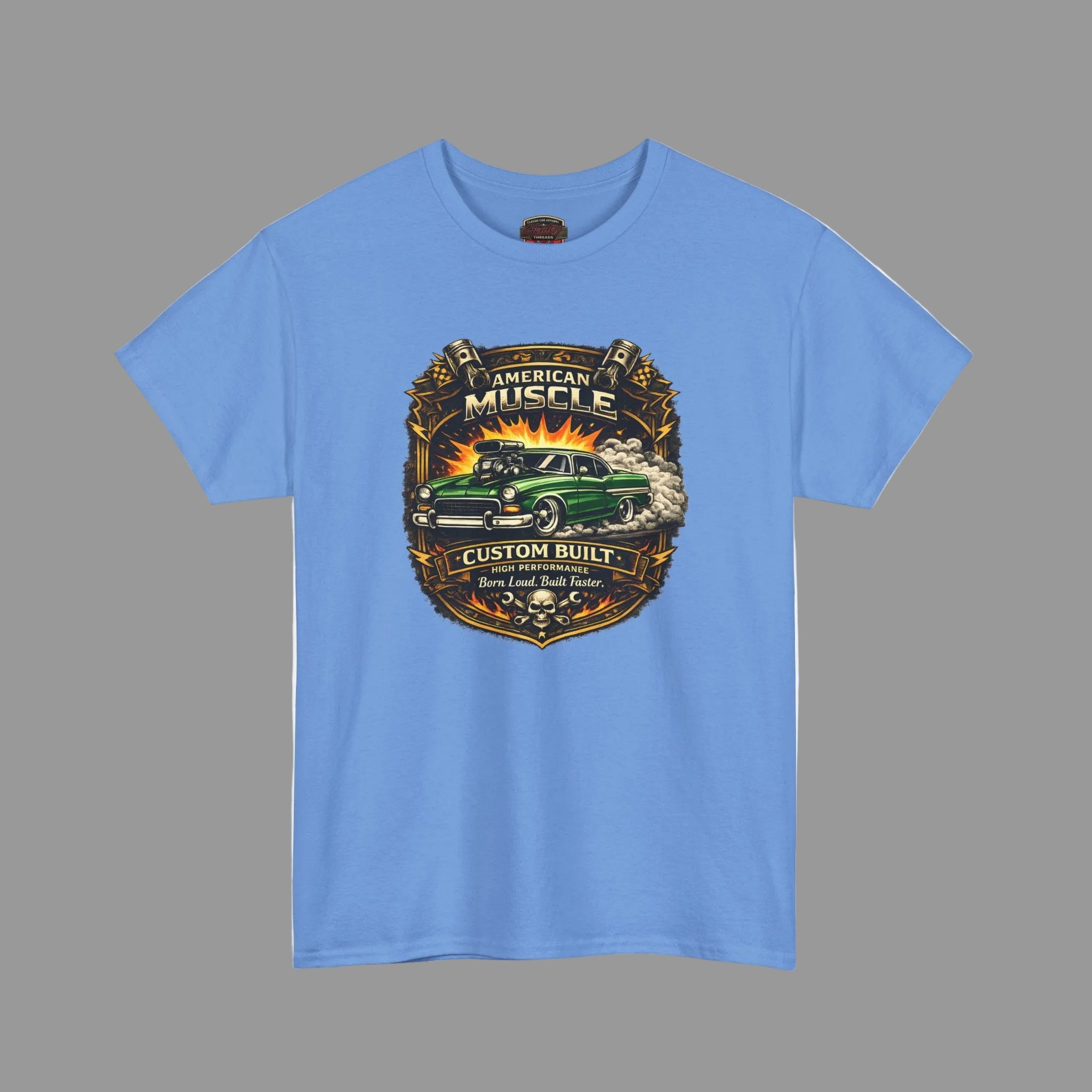 Carolina blue t-shirt with 'American Muscle' car graphic design on a gray background