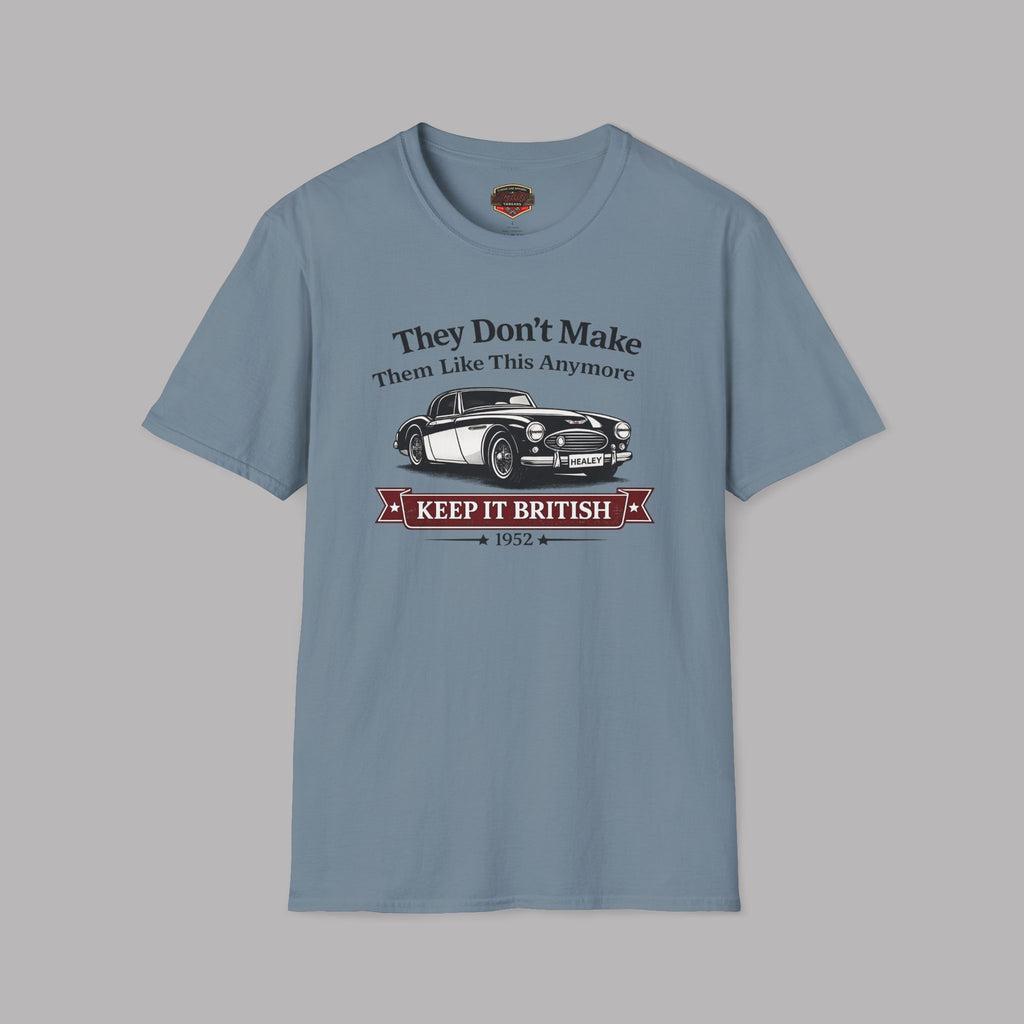 Storm blue t-shirt with a graphic of a classic car and text on a gray background